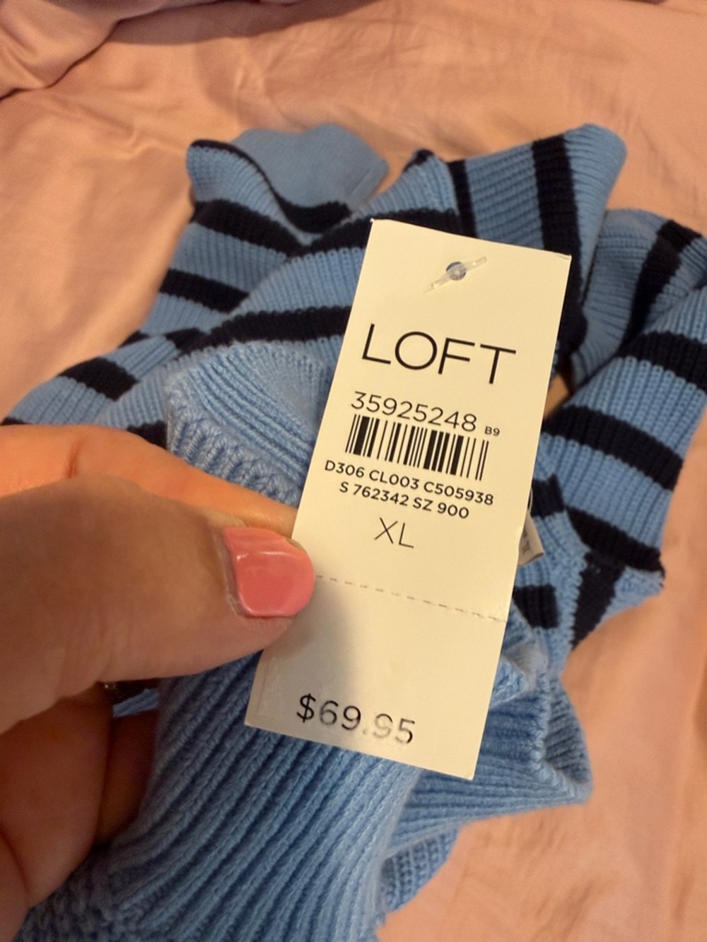 LOFT Light Navy Striped Mock Neck Sweater Shoulder Buttons Nautical XL NWT - Picture 8 of 9
